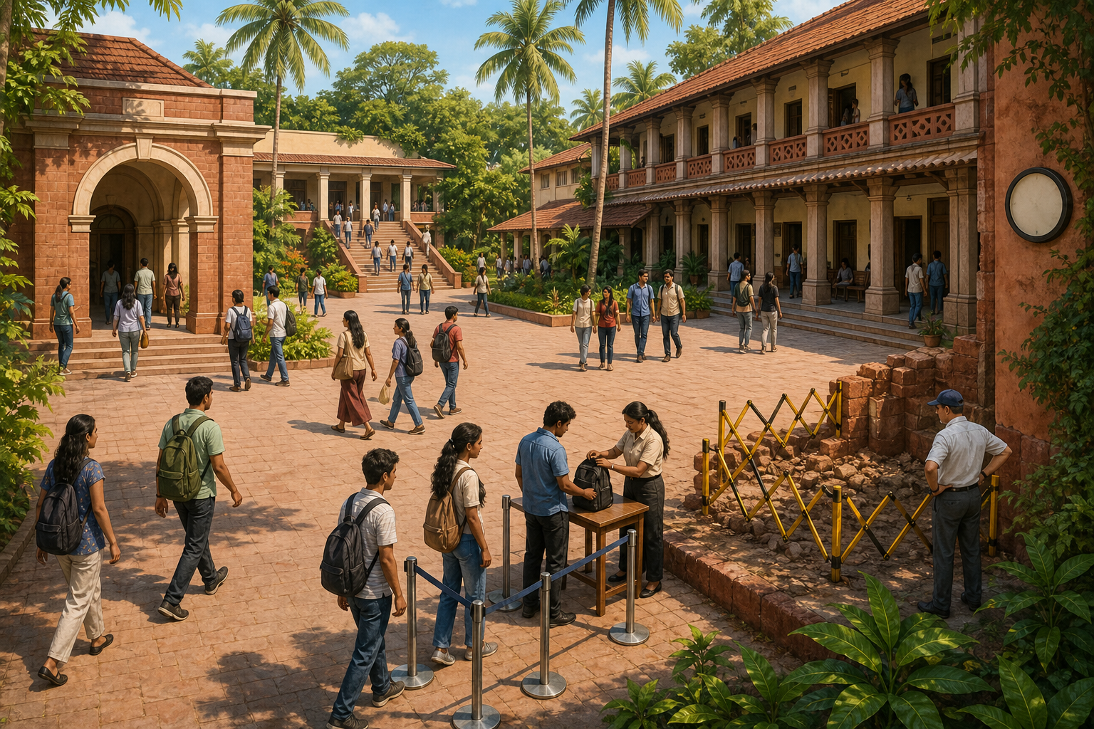 A removable barrier closes one small corner of a Goan campus courtyard while students use the open paths and undergo the same entrance check.