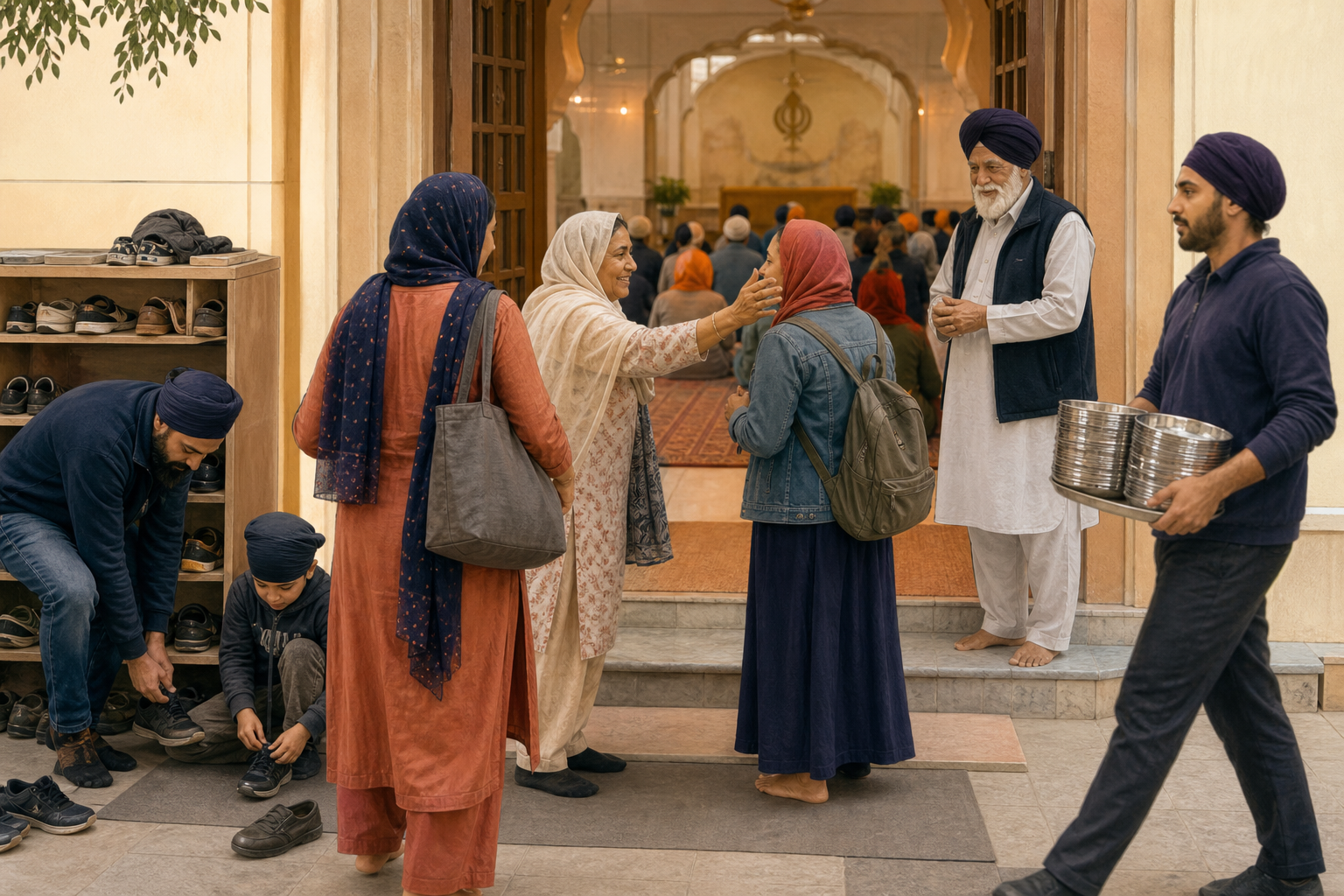 People greet one another and prepare to enter a gurdwara while a returning visitor is welcomed and a volunteer carries dishes toward the langar area.
