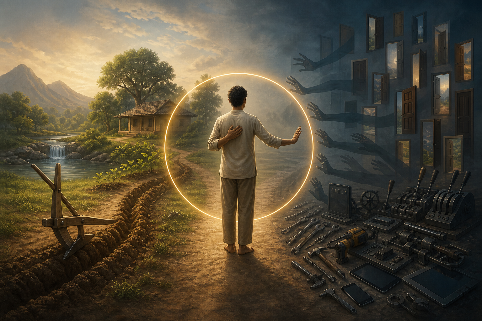 A person pauses between a plough leading toward seedlings and many translucent hands reaching toward doors, tools, and levers.