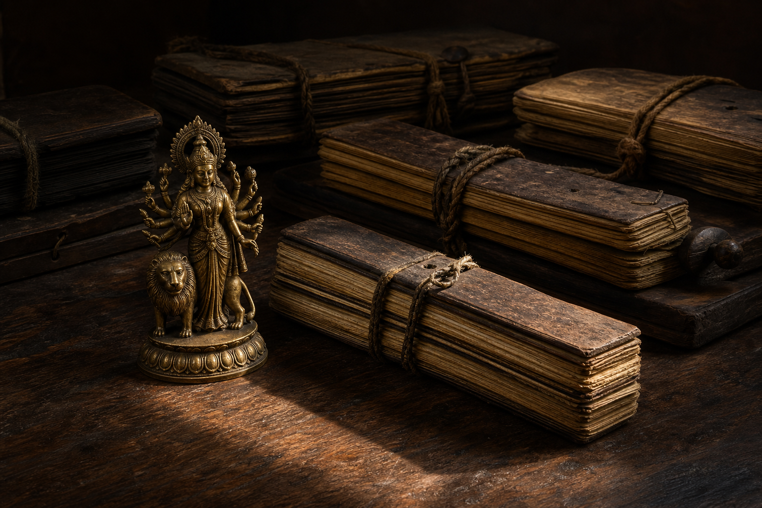 Closed palm-leaf manuscript bundles and an uninscribed bronze goddess figure sit on a wooden table in a narrow beam of light.