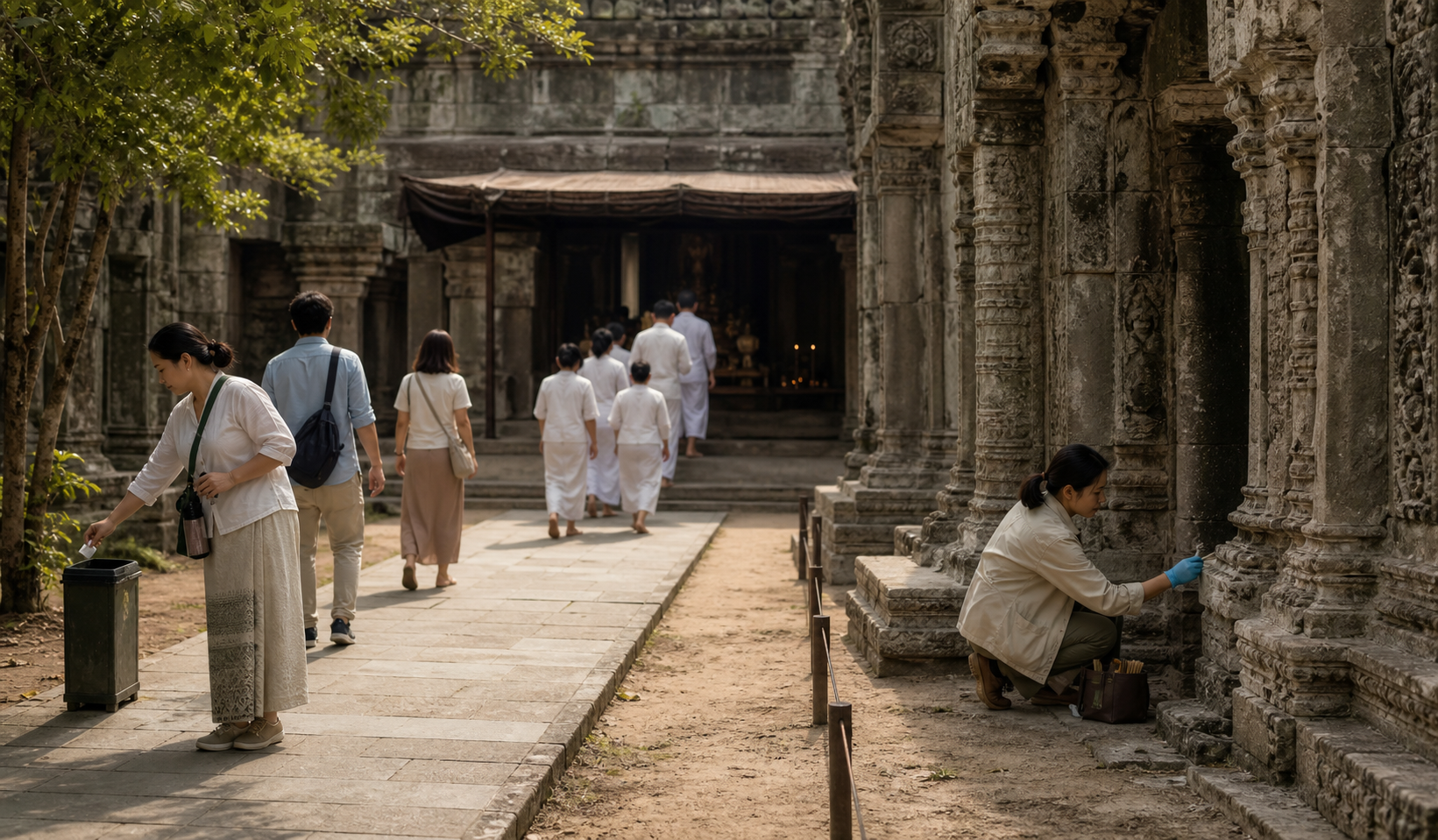 Visitors stay on a designated path away from fragile carvings while worshippers use the shrine and a conservator inspects the masonry.