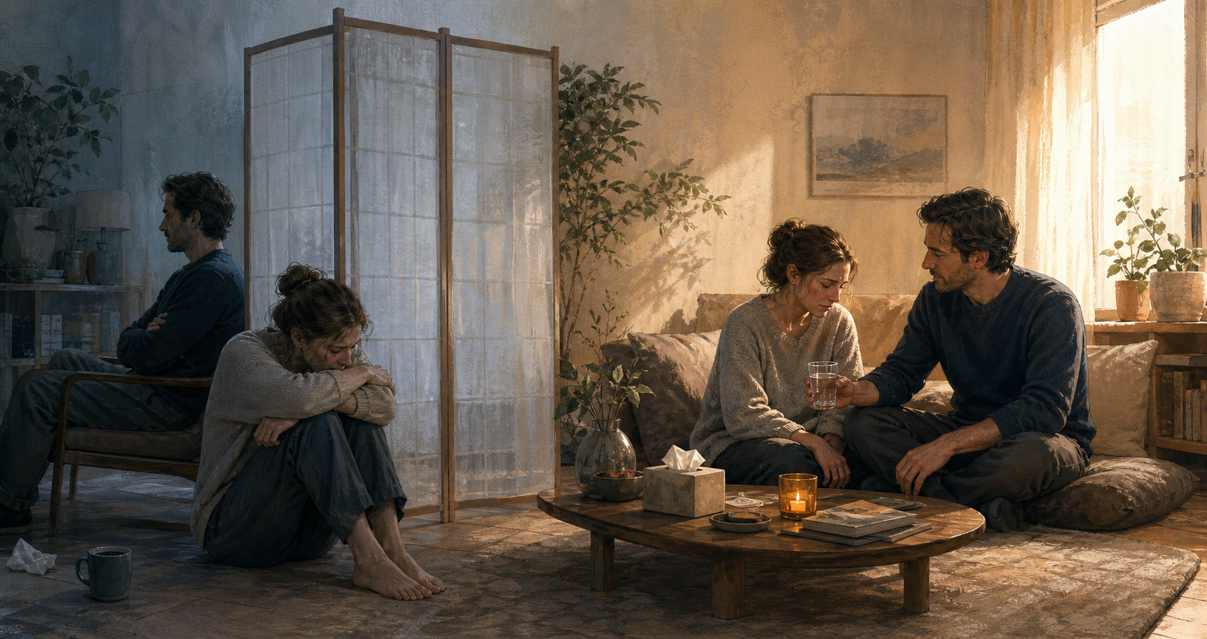 A divided room shows one person withdrawing behind a screen on one side and sitting supportively beside a grieving loved one on the other.