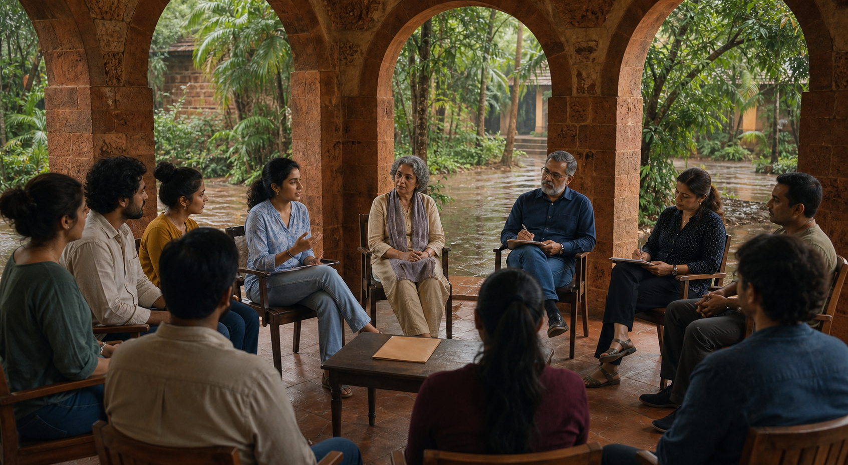 Students, teachers, a safety representative, and a facilitator hold a seated discussion around a table with a sealed folder on a shaded Goa campus veranda.