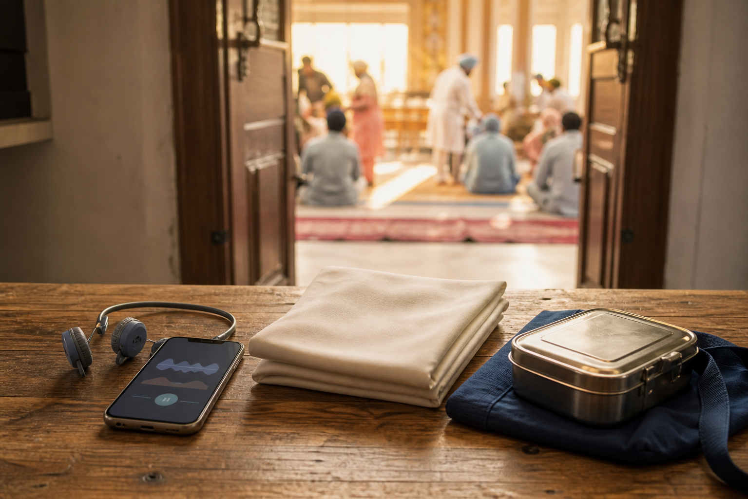 A smartphone and headphones lie beside a folded head covering and reusable container, with people gathering through an open doorway in the background.