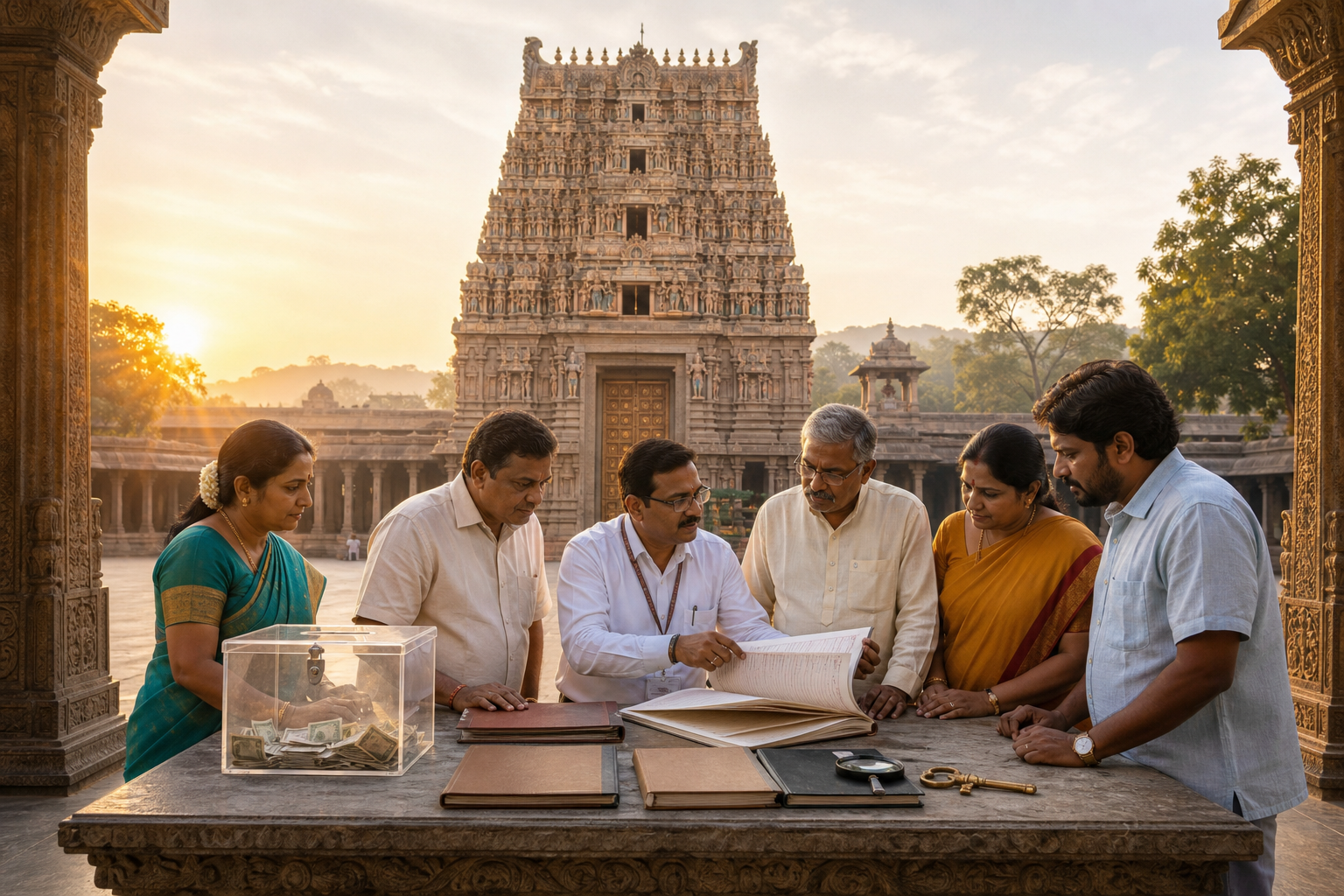 Adult devotees examine unmarked records at a stone desk outside a fictional South Indian temple at sunrise.
