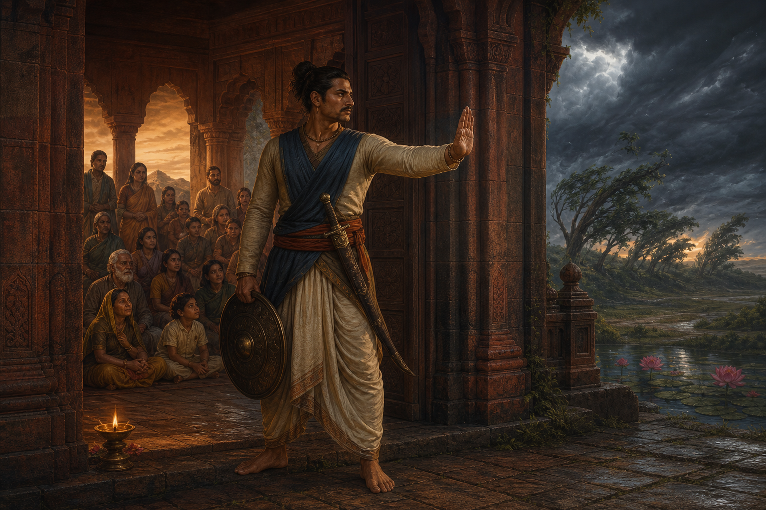 A calm guardian with a lowered shield and sheathed sword stands at a sanctuary entrance while families shelter in the dawn-lit courtyard behind.