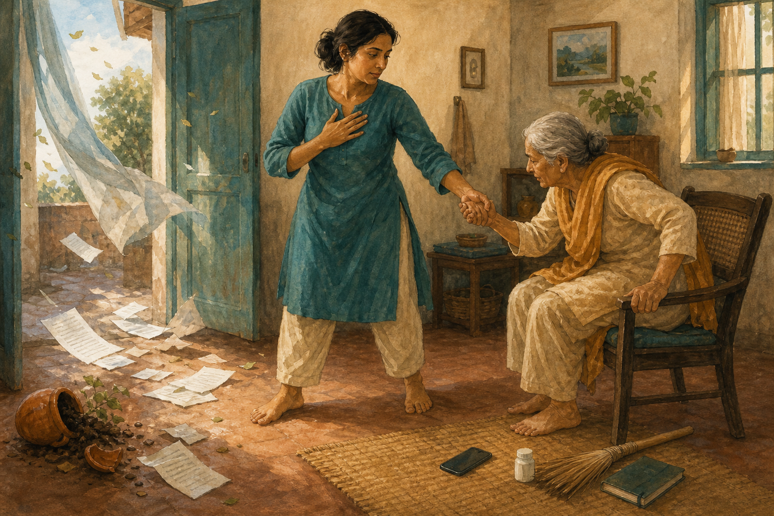 A person pauses amid scattered papers and a fallen pot while reaching to help an older family member stand from a chair.
