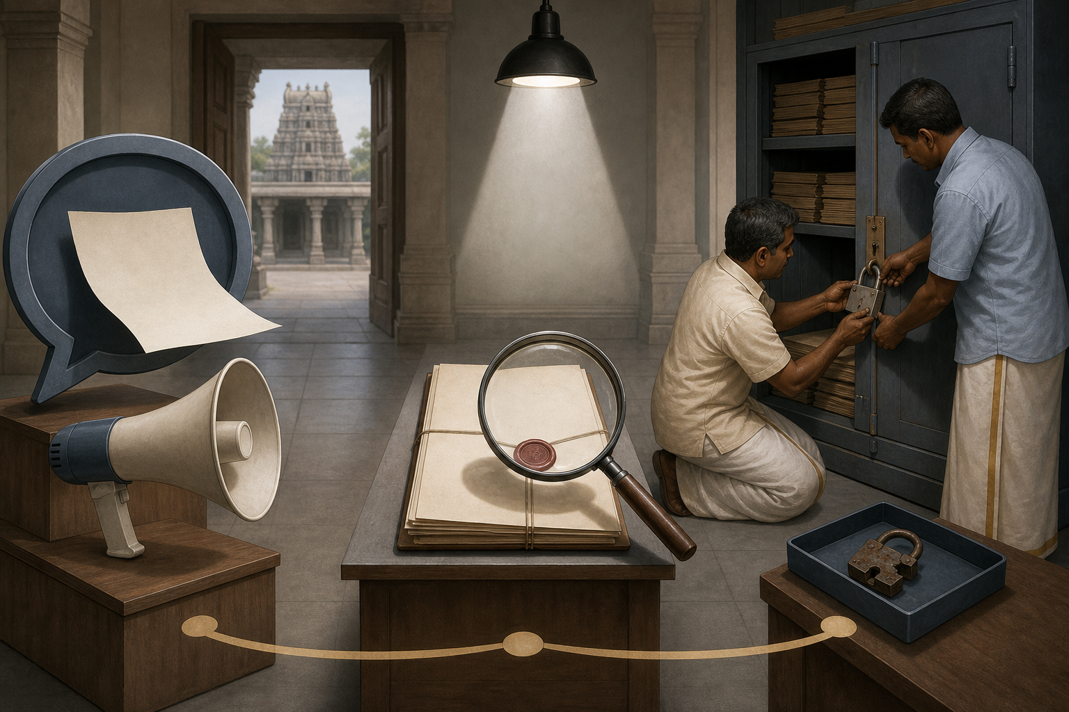 Three connected scenes show an unverified claim, a document being examined, and administrators replacing a damaged records-cabinet lock.