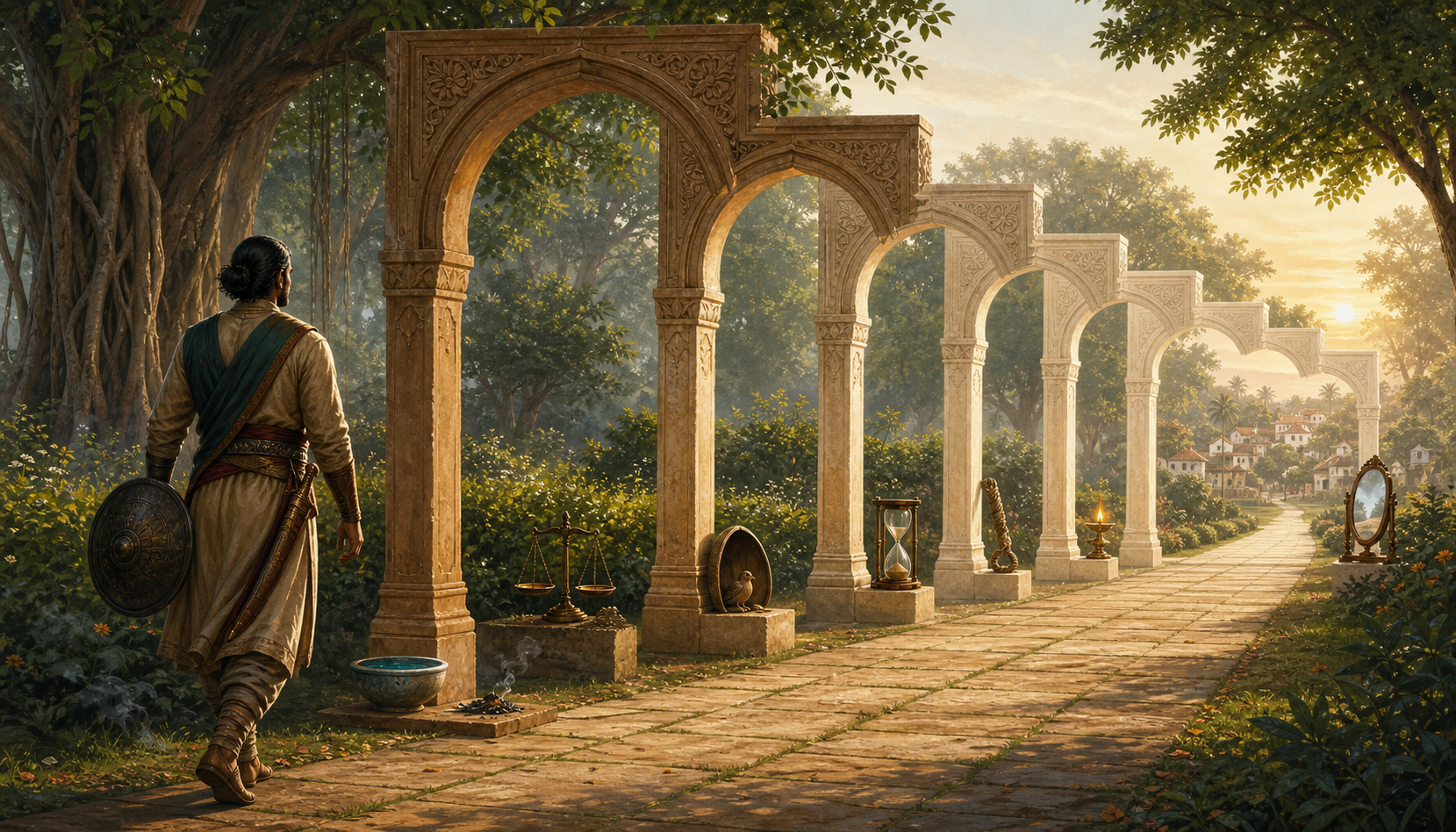 A protector carrying a lowered shield and sheathed sword passes through seven stone archways marked by symbolic objects in a garden.