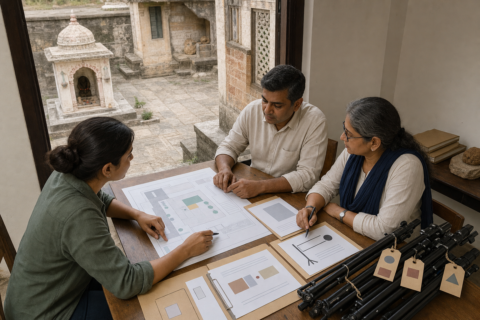 An event organizer reviews a permit packet and site layout with a manager and conservation officer before equipment is brought into a heritage courtyard.