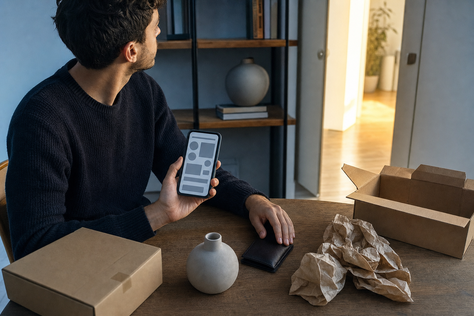A shopper pauses with a phone and closed wallet beside an unopened parcel and discarded packaging at a dining table.