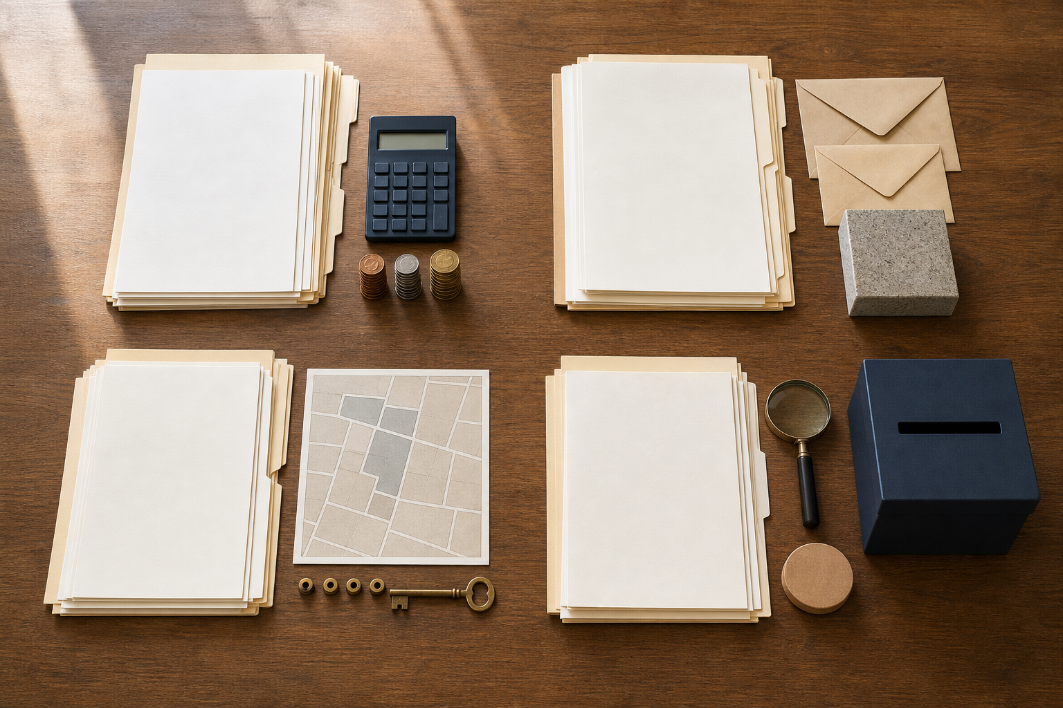 Four unmarked record groups are arranged with objects representing finances, procurement, property, and oversight on a wooden table.