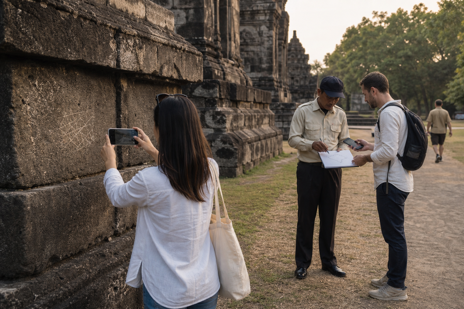 A visitor photographs fresh damage from a safe distance and then shows the image to a site guard near the protected monument.