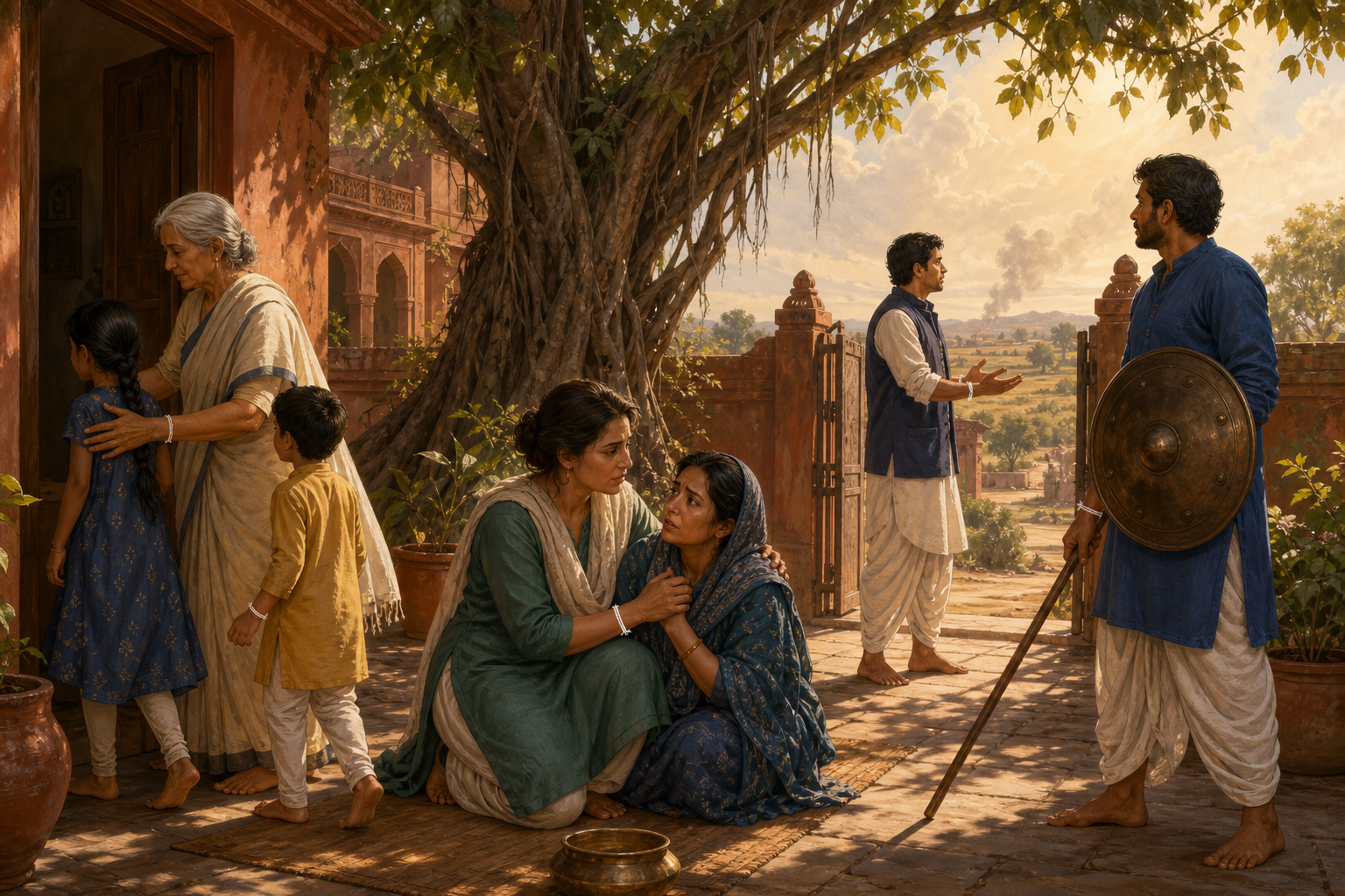 Members of a multigenerational family protect children, aid a neighbor, mediate at a gate, and watch the boundary in a shared courtyard.