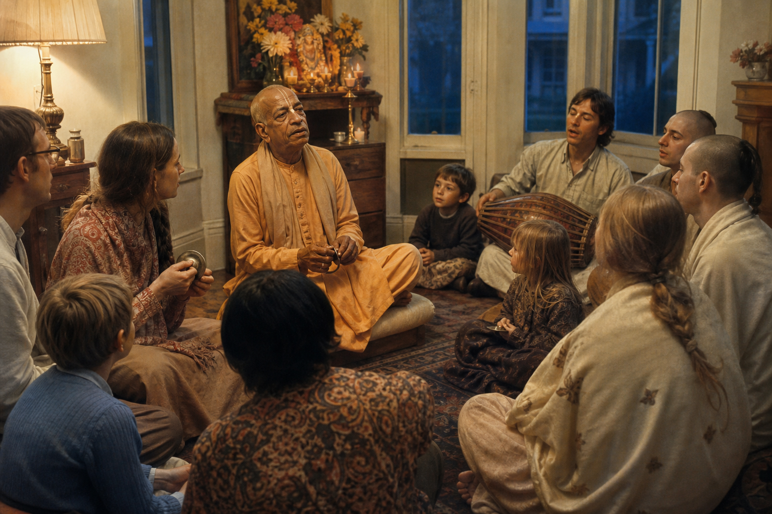 Srila Prabhupada sits in a modest gathering room leading adults and children in devotional singing with hand cymbals and a clay drum.