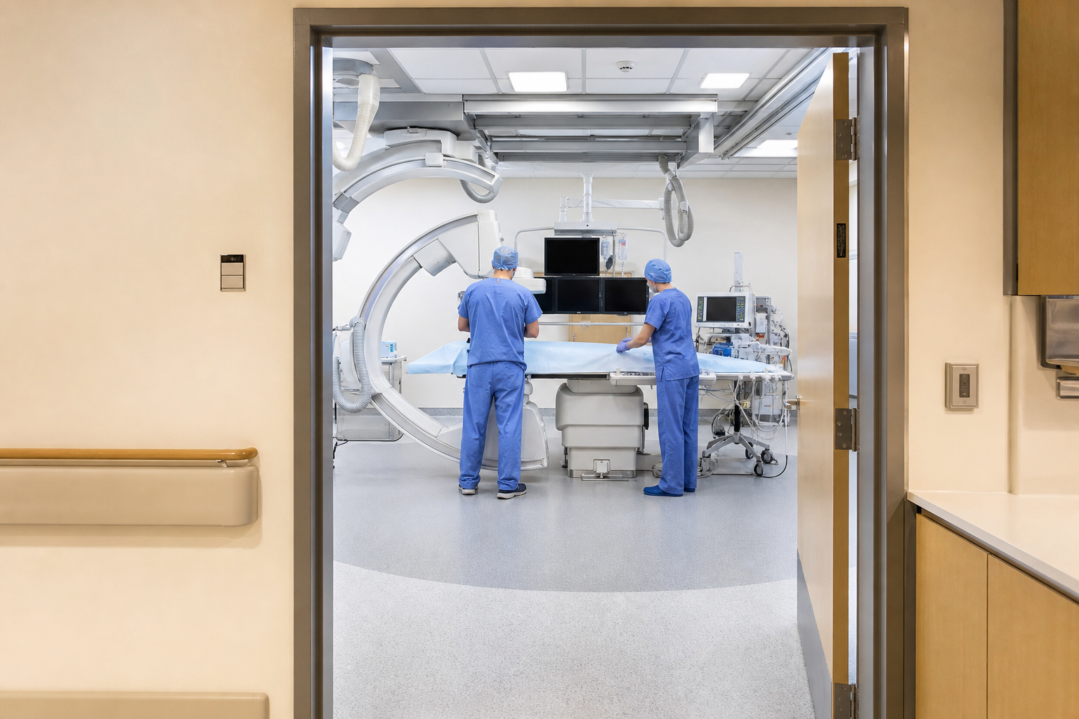 A cardiac catheterization laboratory prepared for an angioplasty, with two clinicians arranging equipment before a patient arrives.