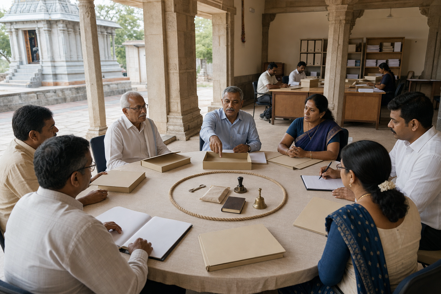 A community oversight council reviews unmarked records around a circular table with keys, a seal, and an audit ledger at the center.