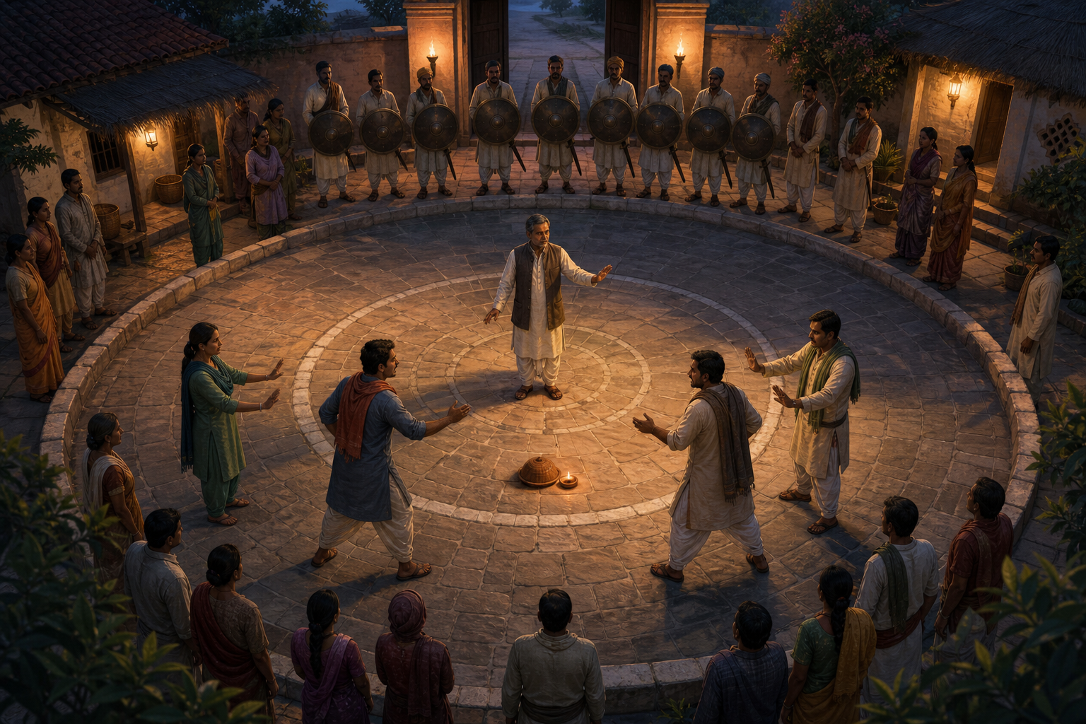 A community steward observes a covered lamp, a mediated dispute, and a defensive shield barrier arranged in concentric areas of a village square.