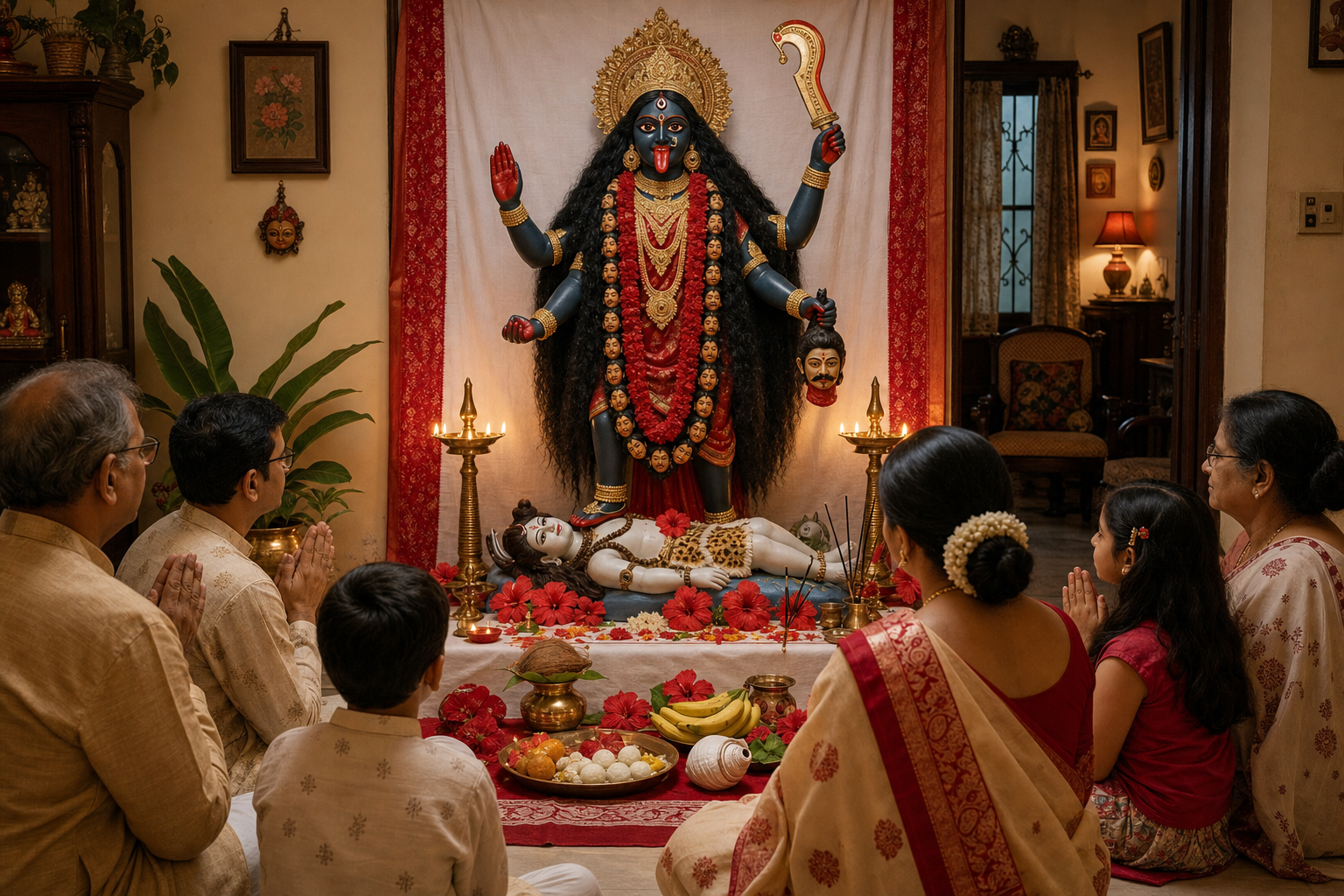 A Bengali family prays before a home shrine of Dakshina Kali decorated with hibiscus flowers, fruit, sweets, incense, and a brass lamp.