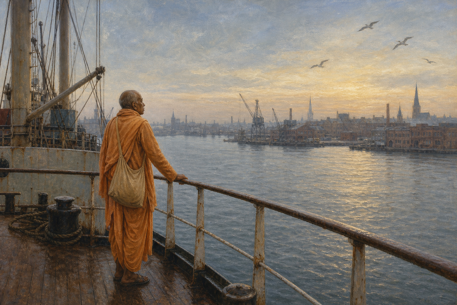 An elderly Vaishnava monk in saffron robes stands on a cargo ship deck at dawn, looking across Boston Harbor toward an industrial shoreline.
