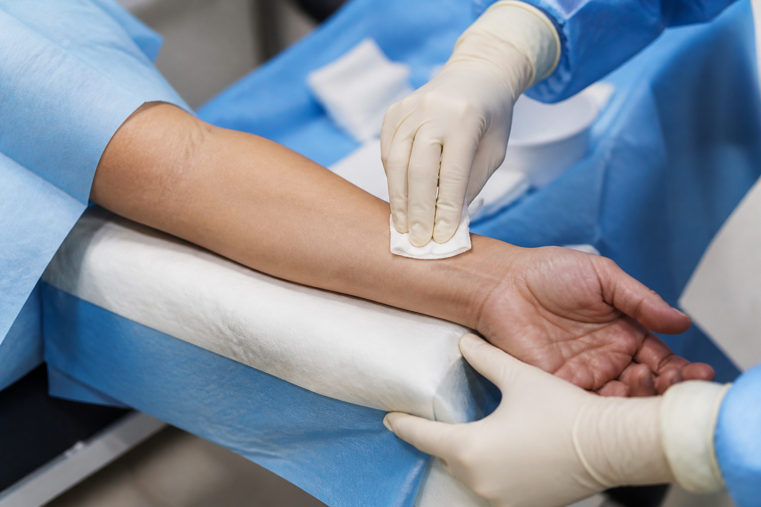A gloved clinician prepares an anonymous patient's wrist for minimally invasive catheter access in a hospital.