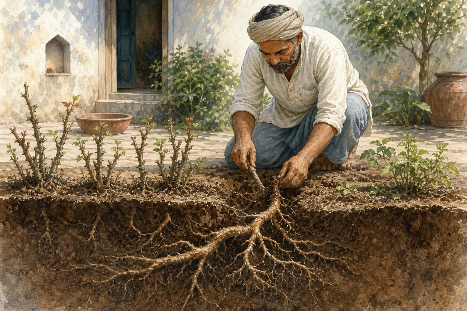 A gardener exposes and loosens a deep tangled root beneath thorny shoots in a sunlit courtyard.