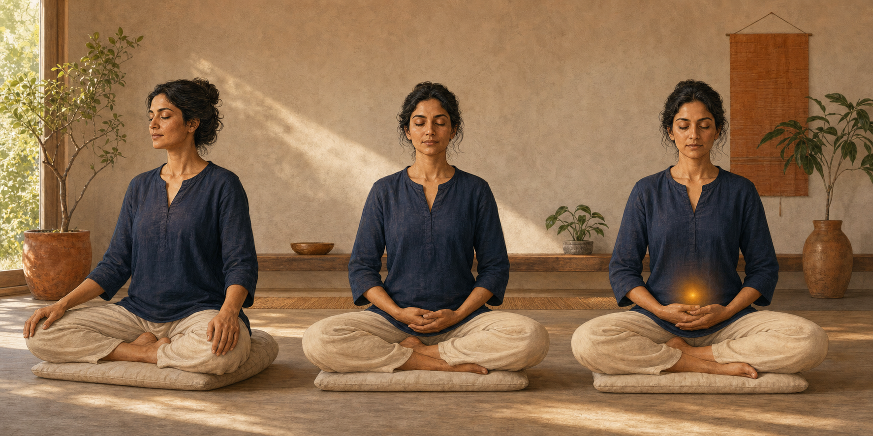 Three views of the same practitioner progress from relaxed breathing to aligned sitting and calm attention at the navel.