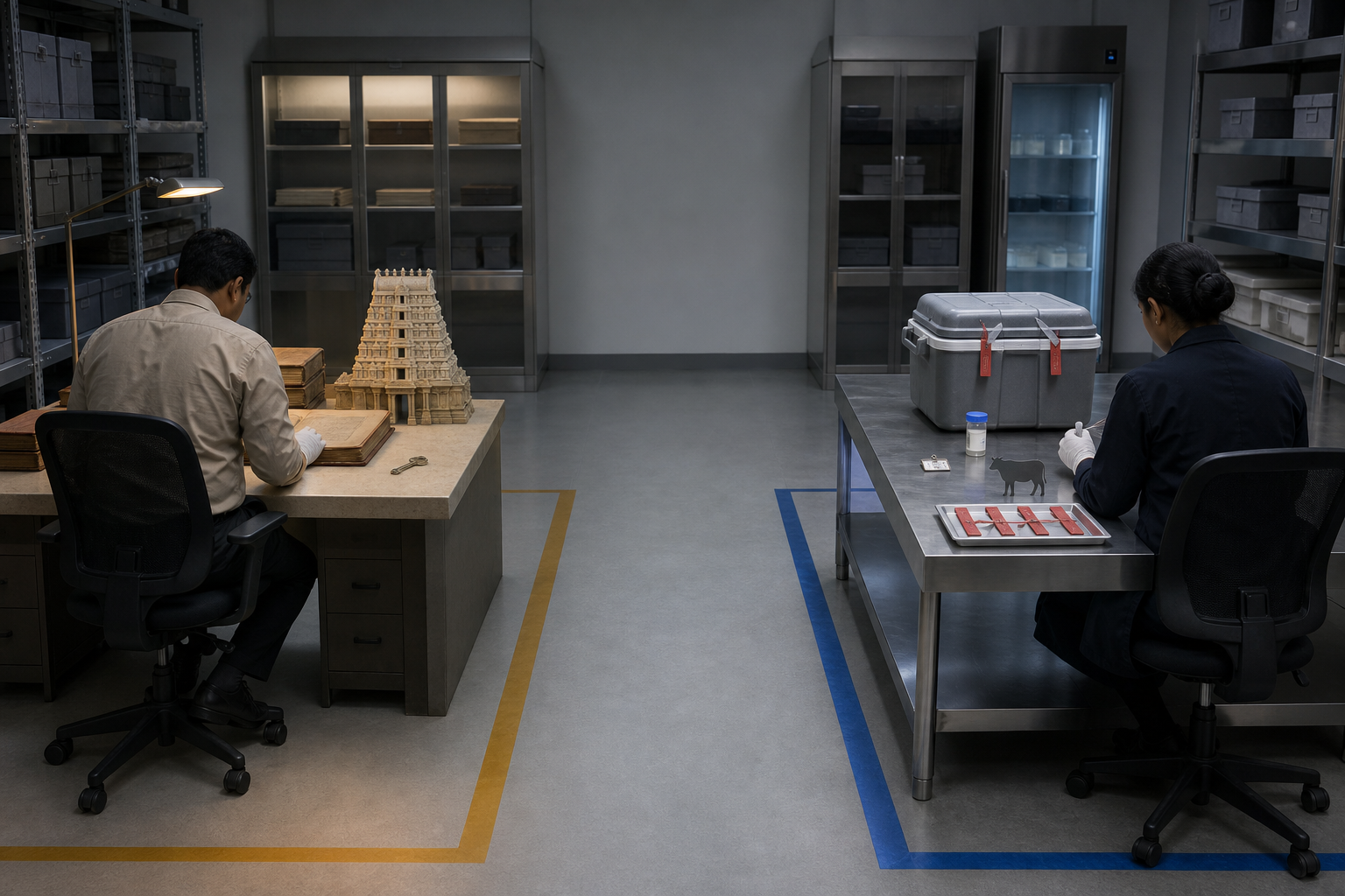 Temple records and sealed cold-chain inspection materials occupy separate benches divided by a wide aisle in an evidence room.