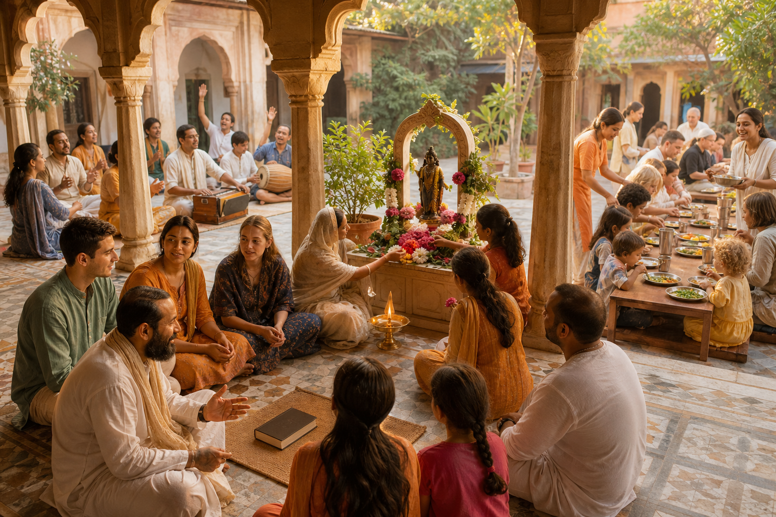 People study together, offer flowers at an altar, sing with devotional instruments and serve a communal meal in a temple courtyard.