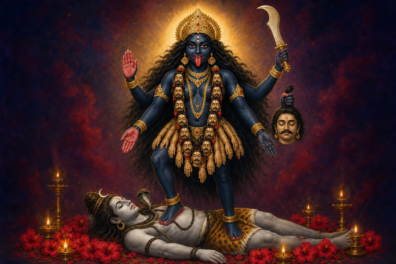 Dakshina Kali is shown with four arms, a curved sword, a symbolic severed head, two blessing gestures, flowing hair, a red tongue, and one foot on the reclining Shiva.