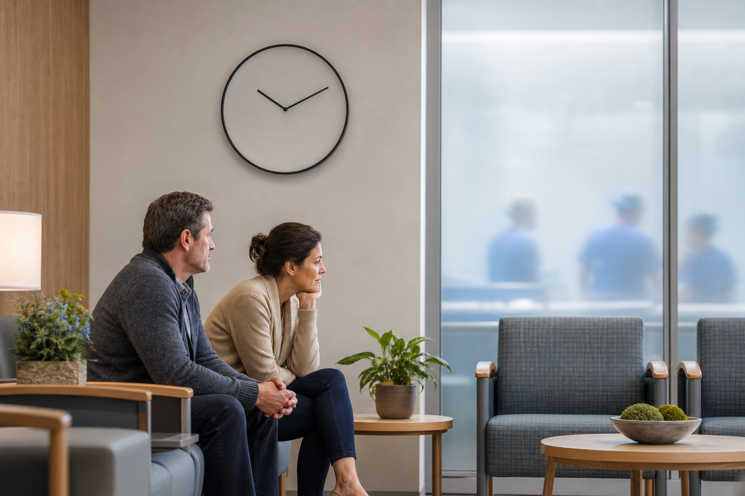 Two people wait quietly outside a cardiac procedure area while an unnumbered wall clock hangs nearby.