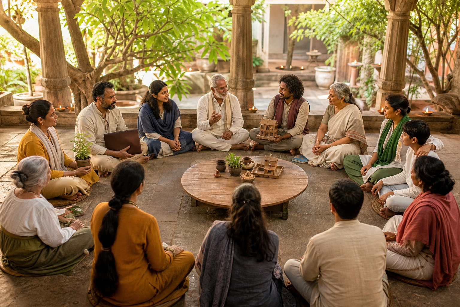 A diverse intergenerational council sits in an equal circle in an open courtyard, with a scholar, steward, craftsperson, gardener, and caregiver listening to one another.