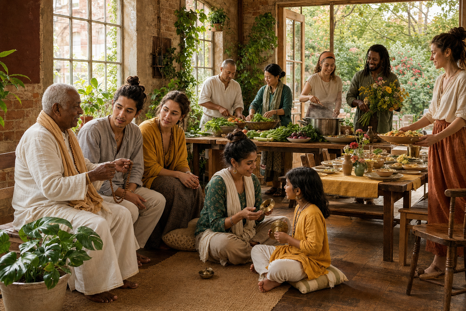 An elder teaches chanting as younger adults guide a child in music and volunteers prepare flowers and a communal vegetarian meal.