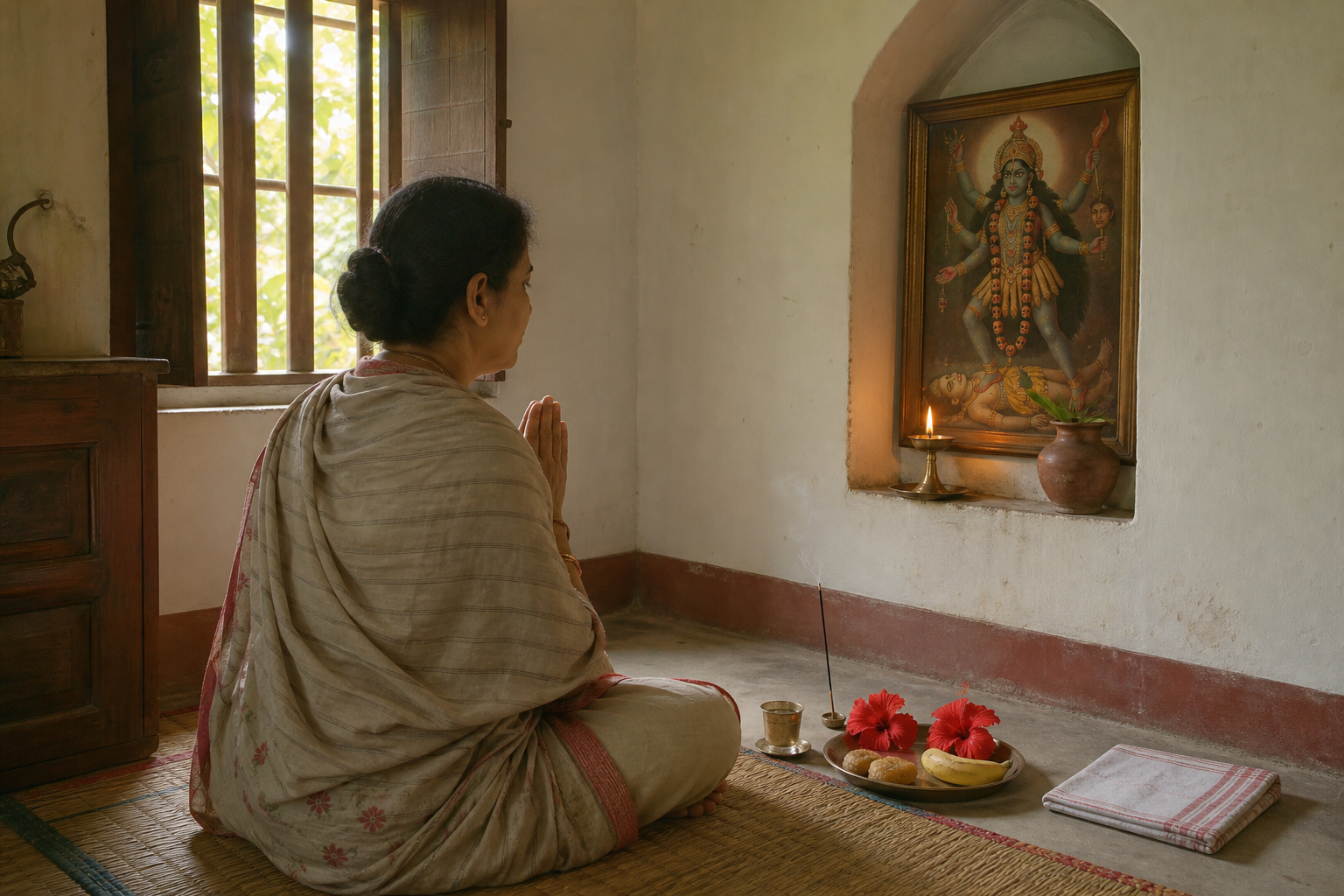 A hand places one red hibiscus beside a framed goddess image, a brass oil lamp, water, incense, and fruit on a simple home shrine.