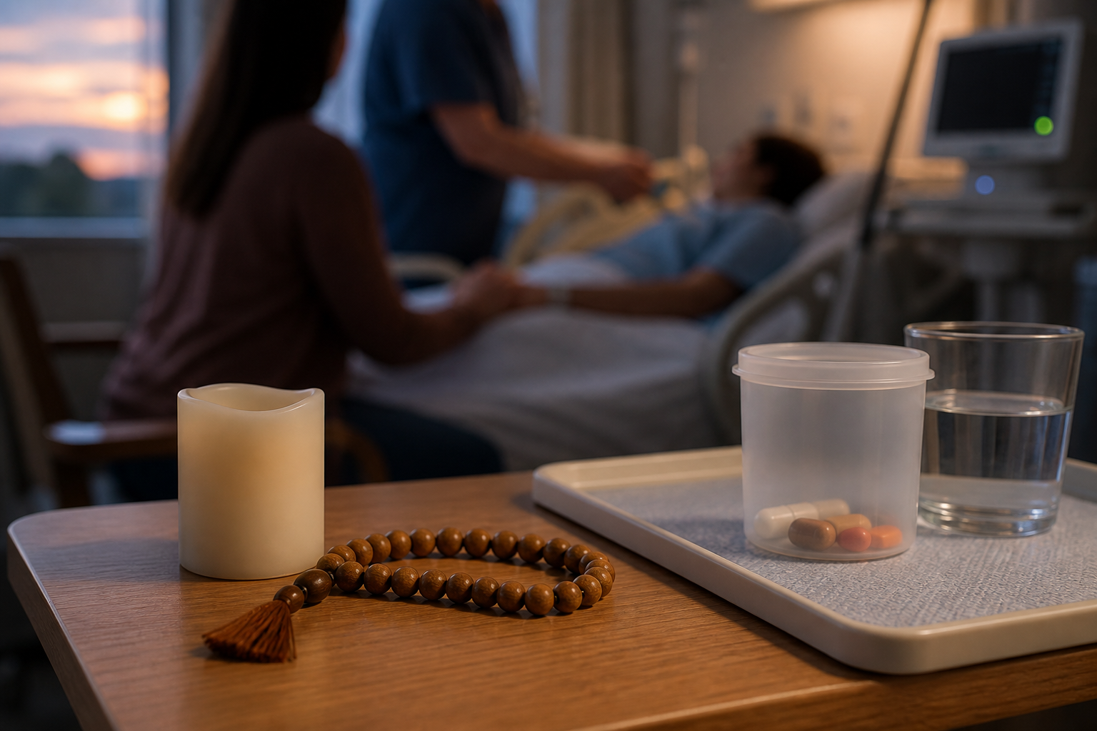Prayer beads rest on a hospital bedside table while a clinician checks an anonymous patient and a visitor holds the patient's hand.