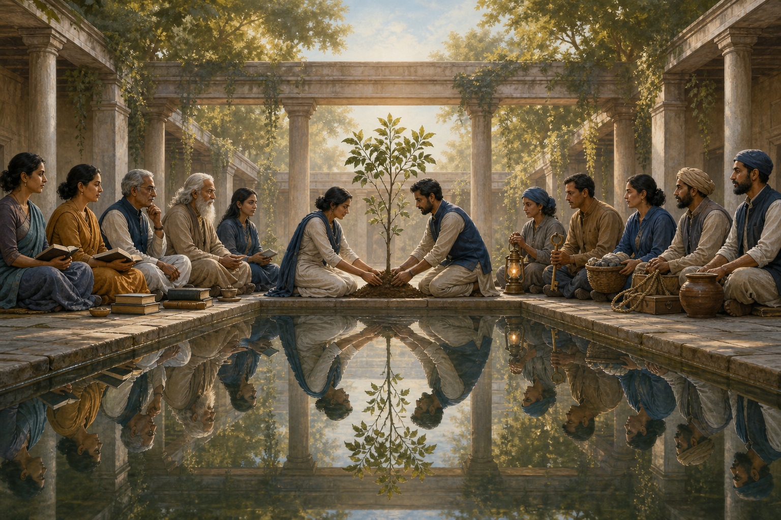 Teachers and civic stewards stand on equal sides of a reflecting pool while two representatives jointly support a young banyan tree.