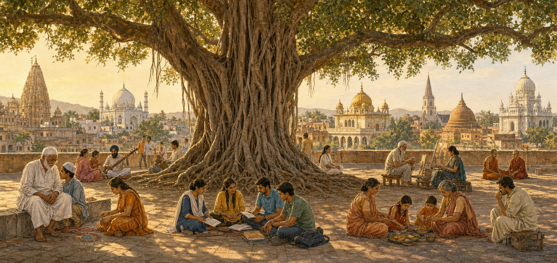A diverse group of Indian families, students, artisans, and elders shares a courtyard beneath a banyan tree, with several religious architectural forms visible in the distant townscape.