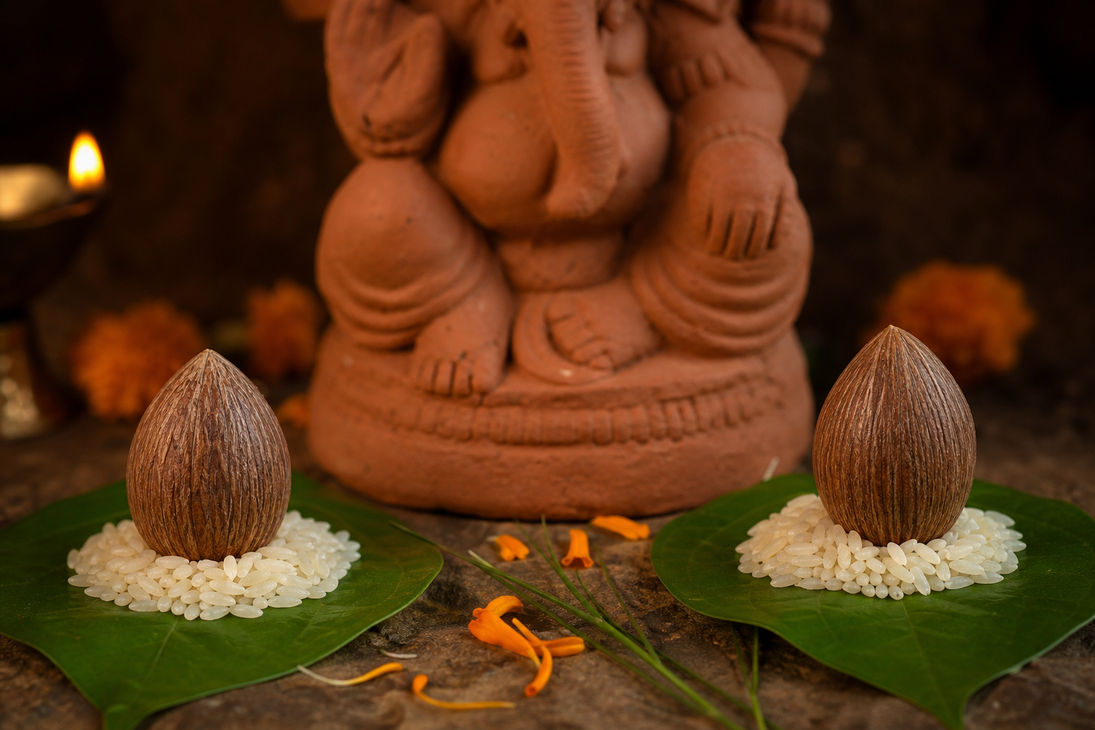 Two upright areca nuts on rice and betel leaves arranged symmetrically beside a clay Ganesha murti.