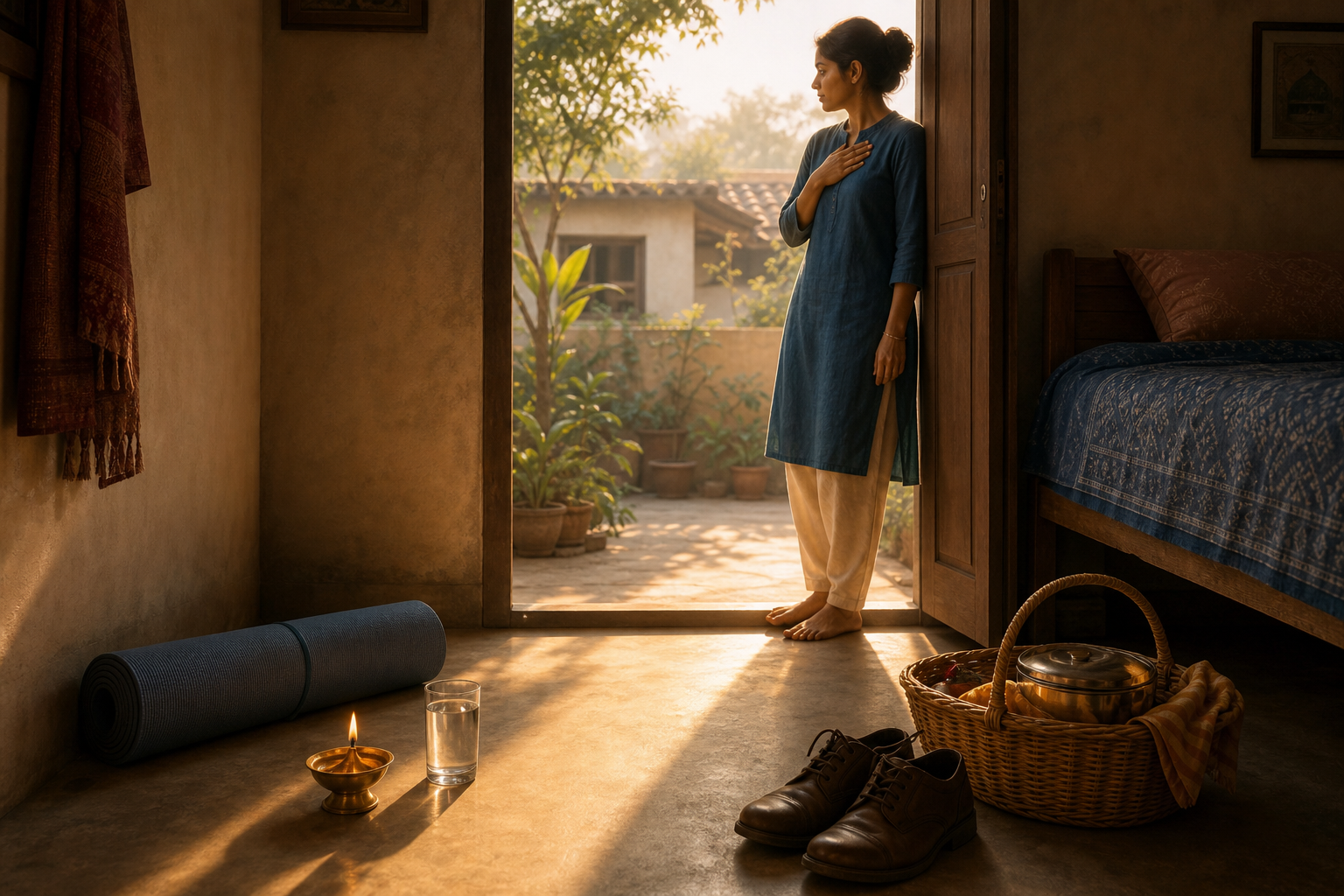 A person pauses at a sunlit household threshold beside a meditation mat, oil lamp, work shoes, water glass, and basket of food.
