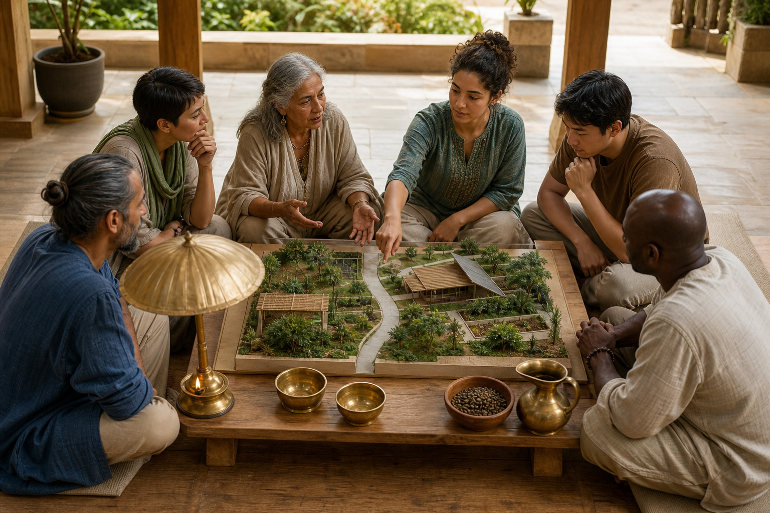 Six council members examine a model of a shared garden beside symbolic objects representing clarity, protection, fairness, and long-term flourishing.