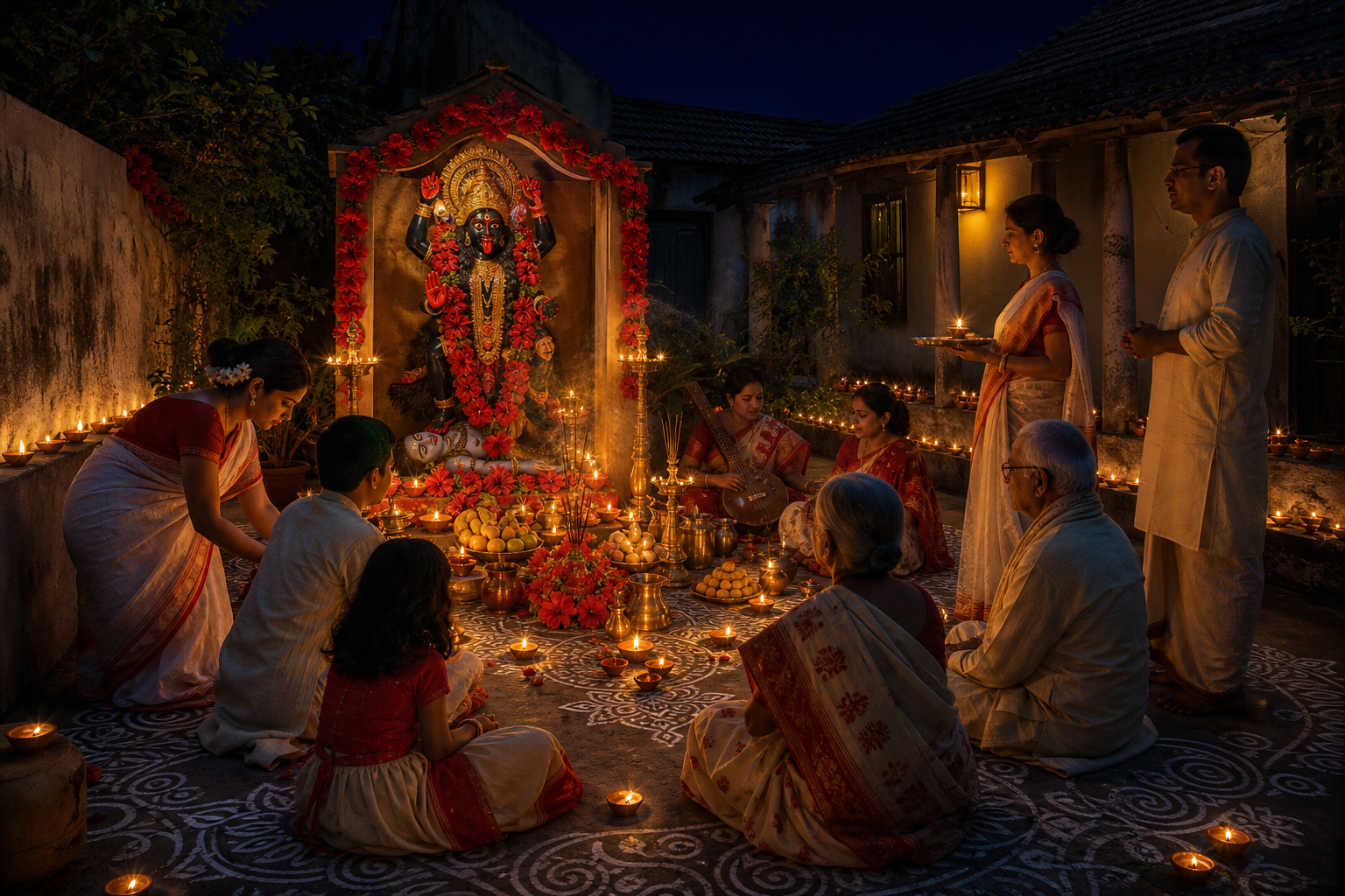 A Bengali family gathers at night before a Dakshina Kali home shrine decorated with clay lamps, red hibiscus flowers, fruit, and sweets for Kali Puja.