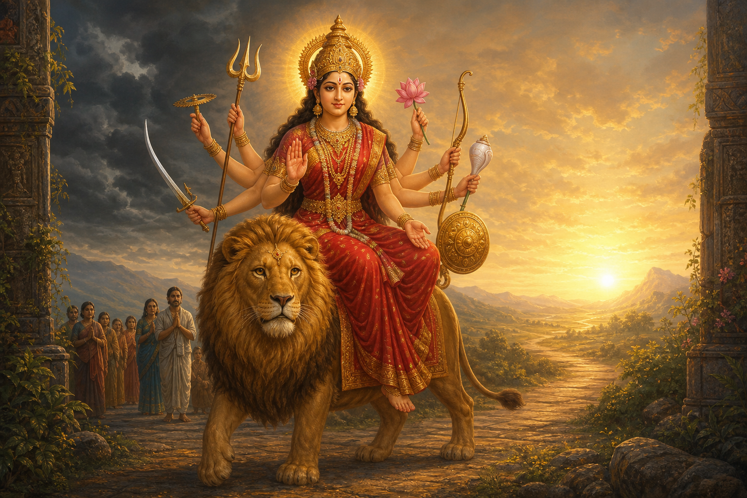 Goddess Durga sits calmly on a golden lion with symbolic implements in her many hands as dawn breaks beyond a receding storm.