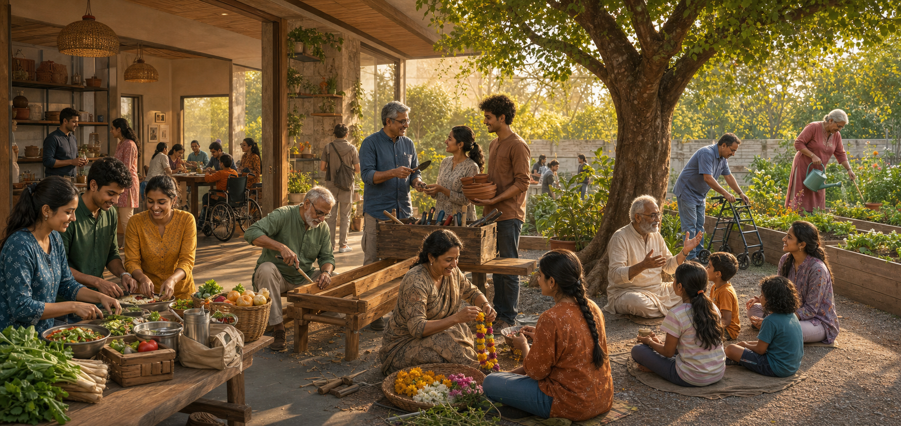 People of different ages and abilities teach, cook, repair furniture, organize supplies, care for children, and garden together at a community center.