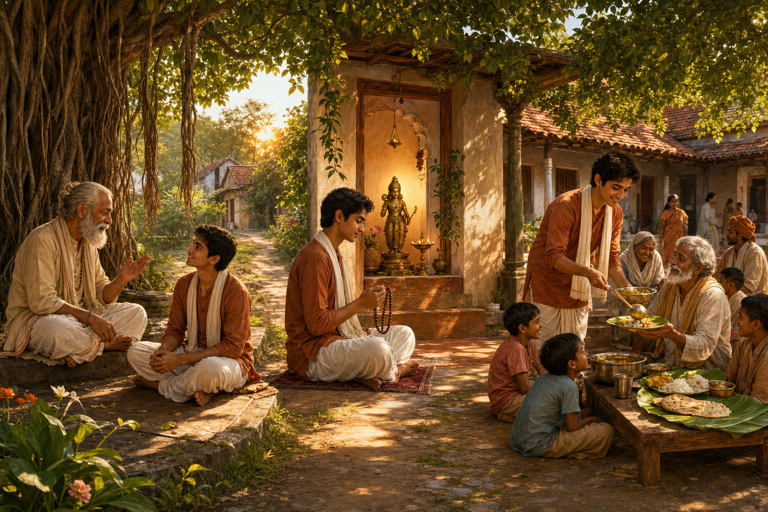 One continuous scene shows a student listening to a teacher, chanting with prayer beads, and serving a meal to a community.
