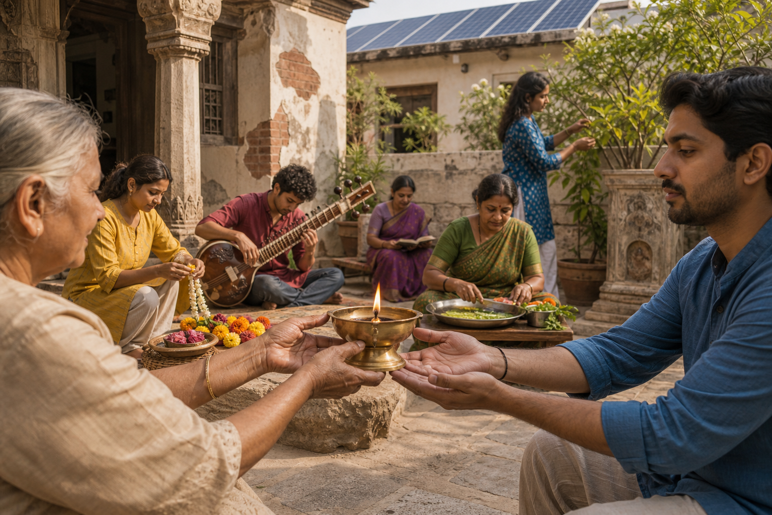 An older person passes a lit brass lamp to a younger adult in a courtyard where other people pursue different cultural and household practices.