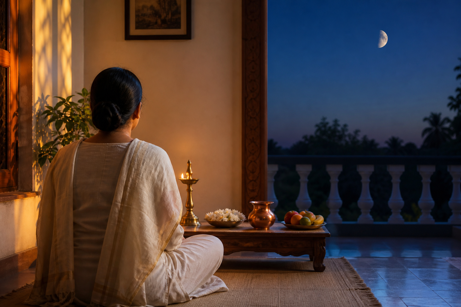 A practitioner sits at a simple home altar as late-afternoon light gives way to an indigo evening sky with a waxing moon.