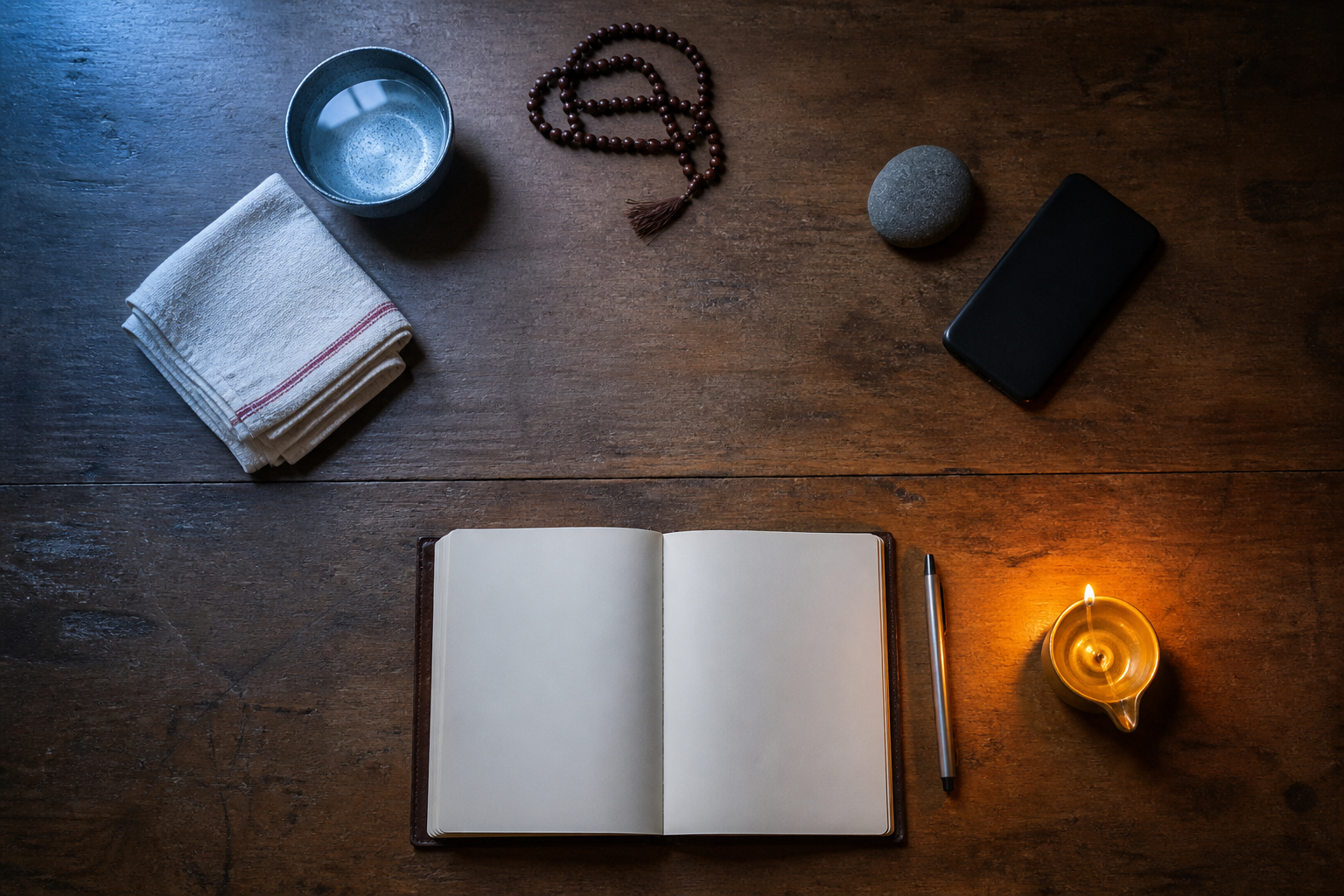 Morning beads, a midday reminder stone and an evening journal with an oil lamp are arranged in a circle on a wooden table.