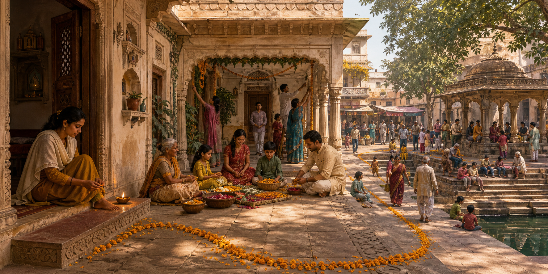 One continuous courtyard contains separate scenes of personal reflection, a community celebration, and diverse people sharing a public plaza.