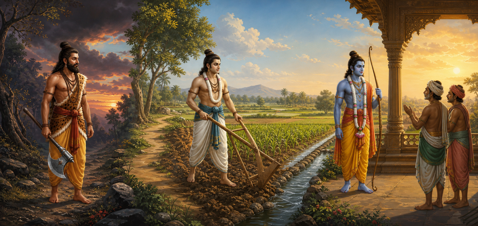 Parashurama with a lowered axe, Balarama ploughing a cultivated field, and Sri Rama listening to citizens beneath a royal pavilion in one continuous landscape.