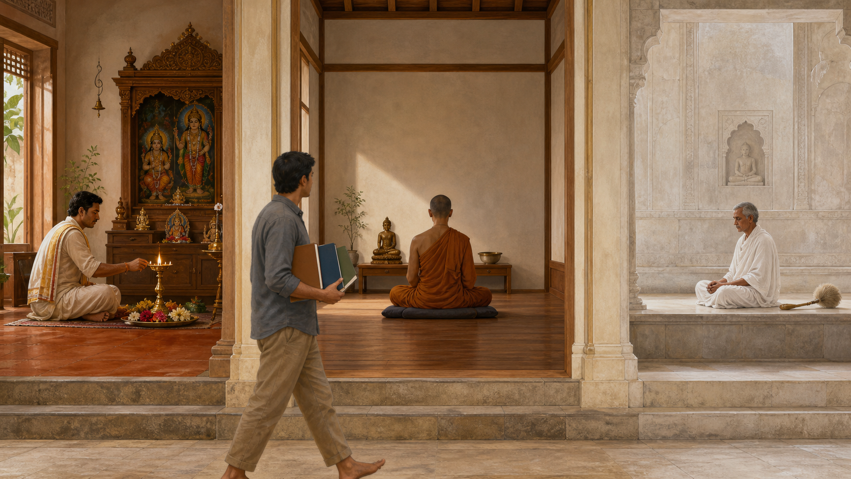 A reader observes separate Hindu, Buddhist and Jain practice settings presented in three distinct architectural spaces.